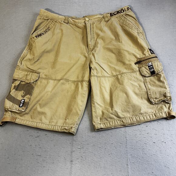 Vintage Ecko Unltd Cargo Shorts Mens 40 RARE Camo Pocket Beige Utility Raw Uncut - Picture 1 of 12